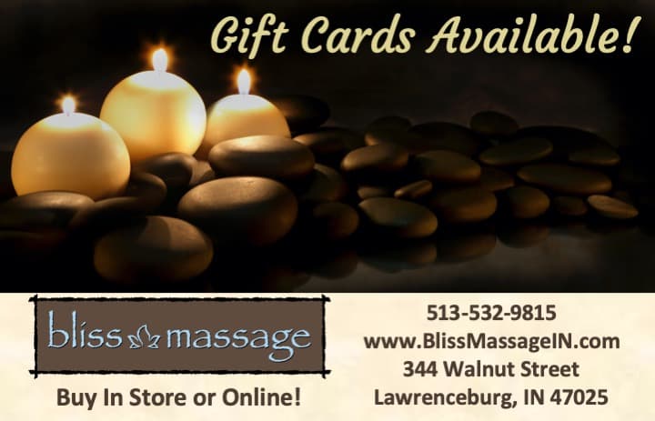 Promotional graphic for Bliss Massage gift cards with contact information and address