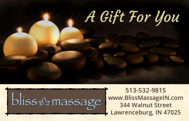 Promotional graphic for a Bliss Massage gift card with contact information and address