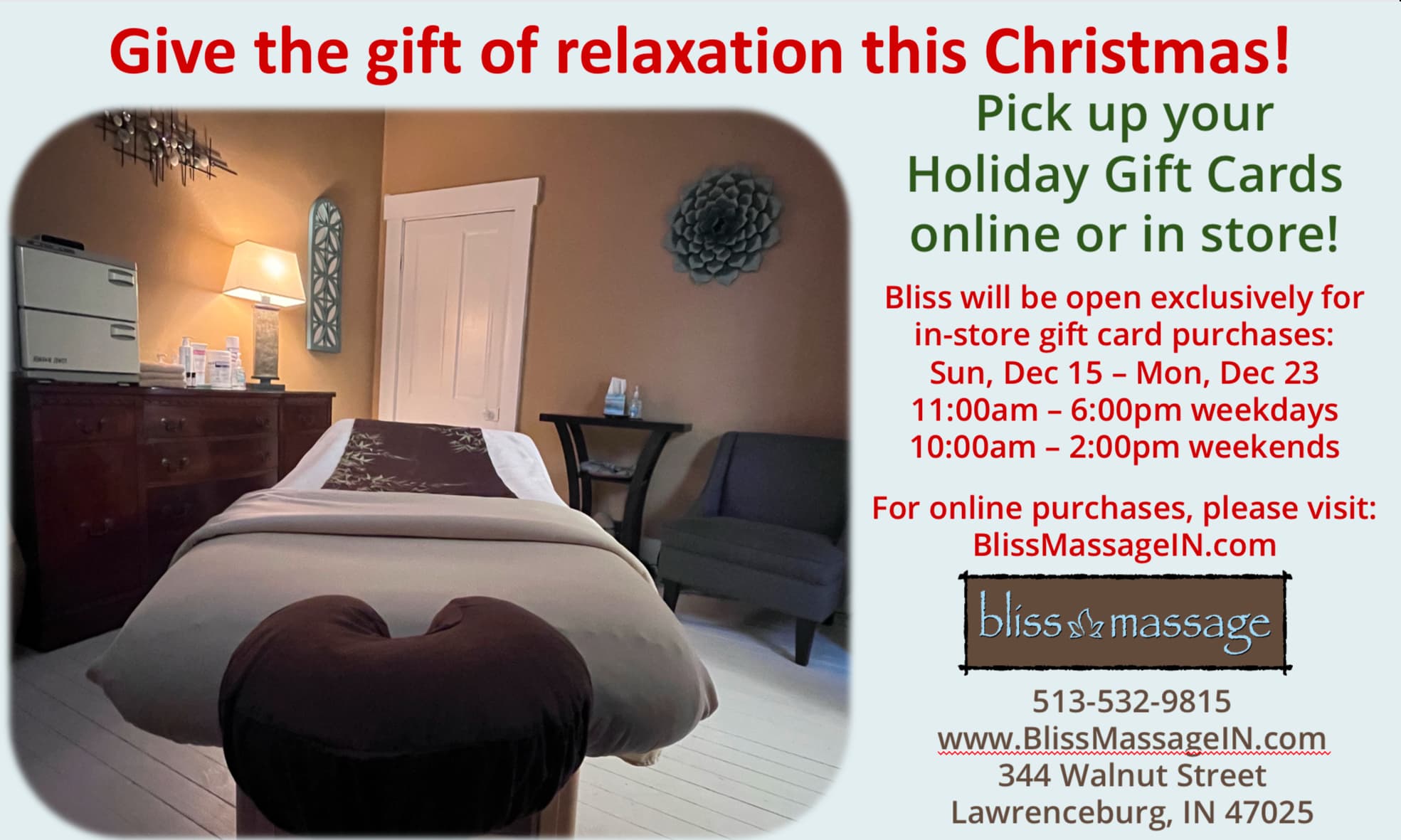 Holiday promotional graphic for Bliss Massage gift cards with store hours and contact information